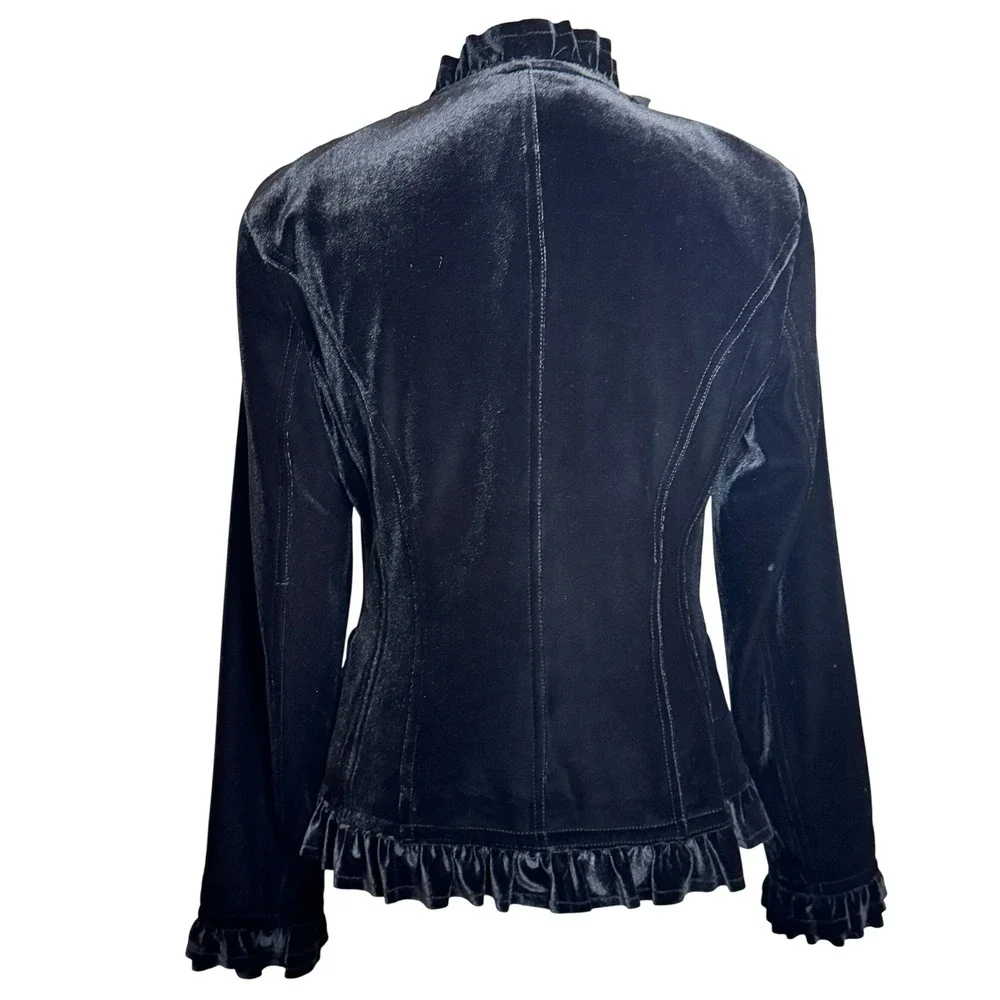 INC Black Velvet Goth Romantic Ruffle Blazer M Jacket Equestrian Riding Fairy - Picture 2 of 16